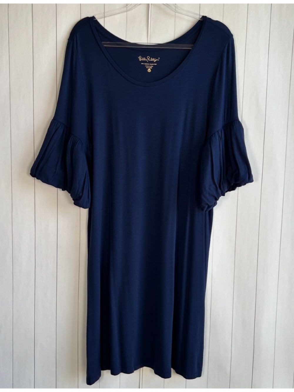 Lilly Pulitzer size XL jersey knit stretch dress navy puff sleeve short viscose